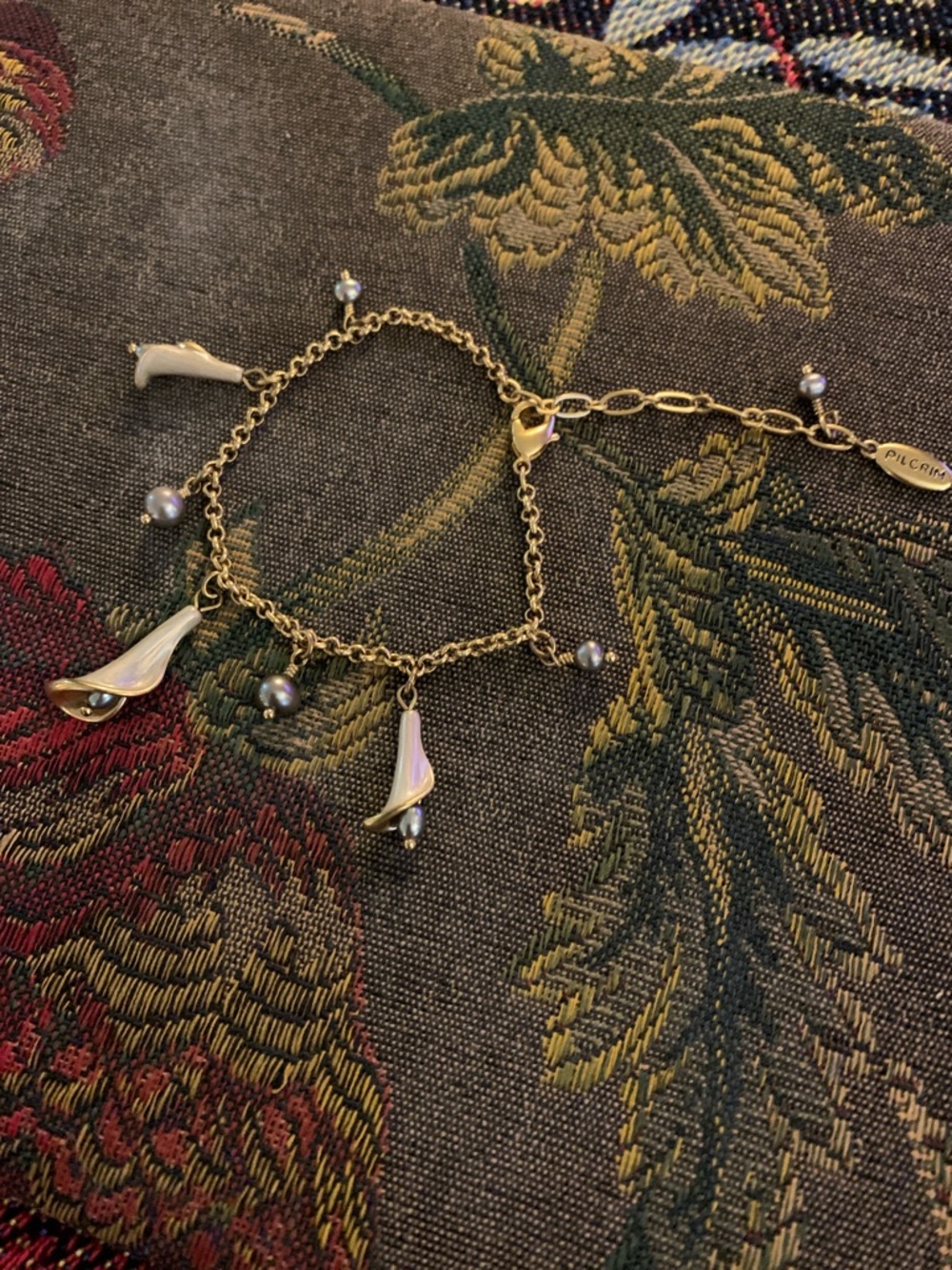 Vintage Pilgrim Bracelet with Calla Charms and Gray Pearls